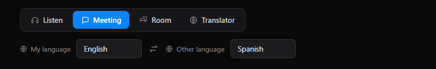 Langless screen with the Meeting tab selected and the two languages chosen: your language and the other person’s language.